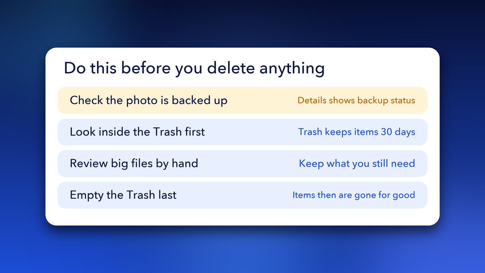 Checklist for deleting files safely on Android: check backup, look in the Trash, review big files, empty the Trash last