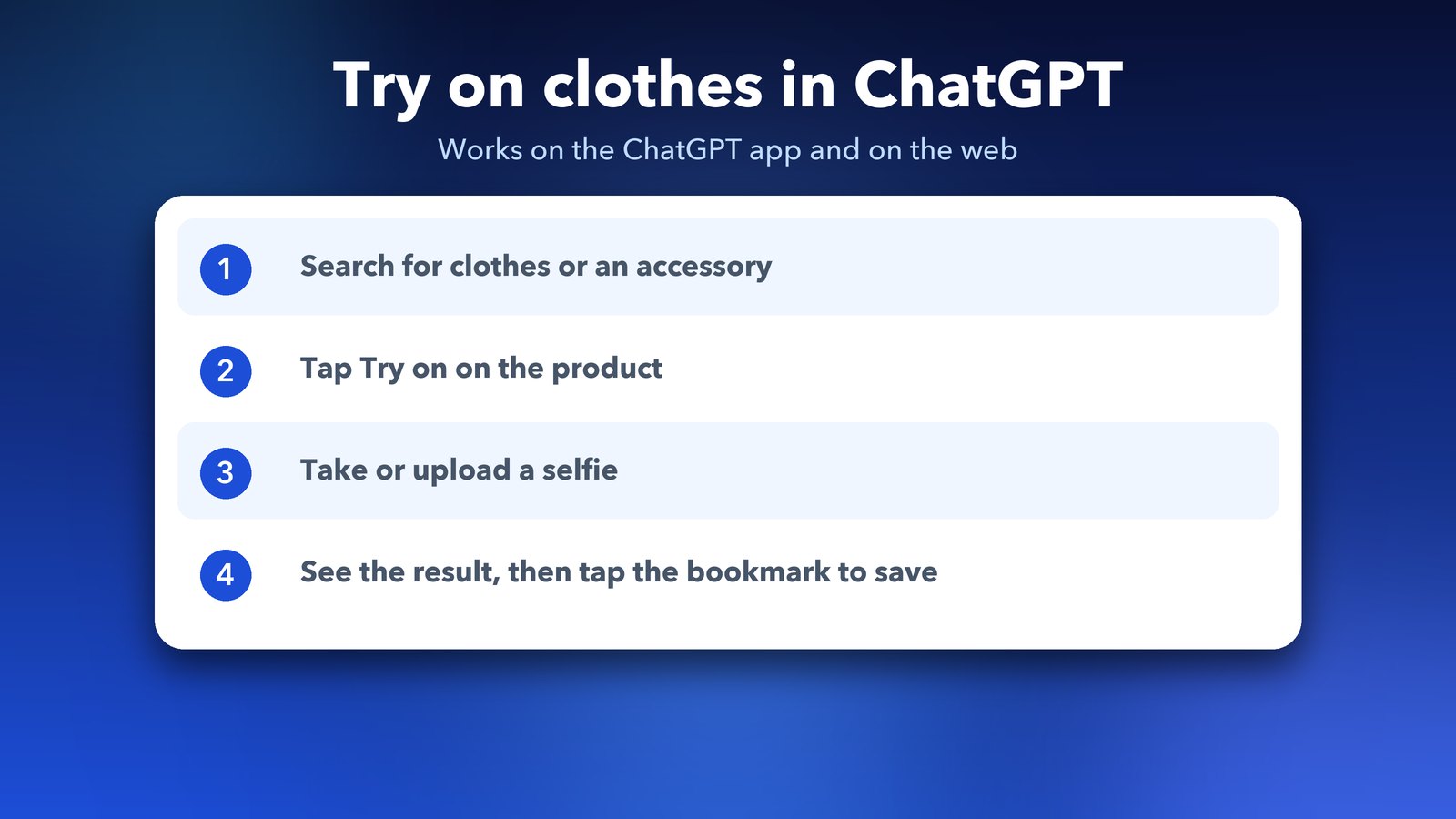 How to use ChatGPT virtual try-on: search for clothes, tap Try on, add a selfie, then save to Favorites
