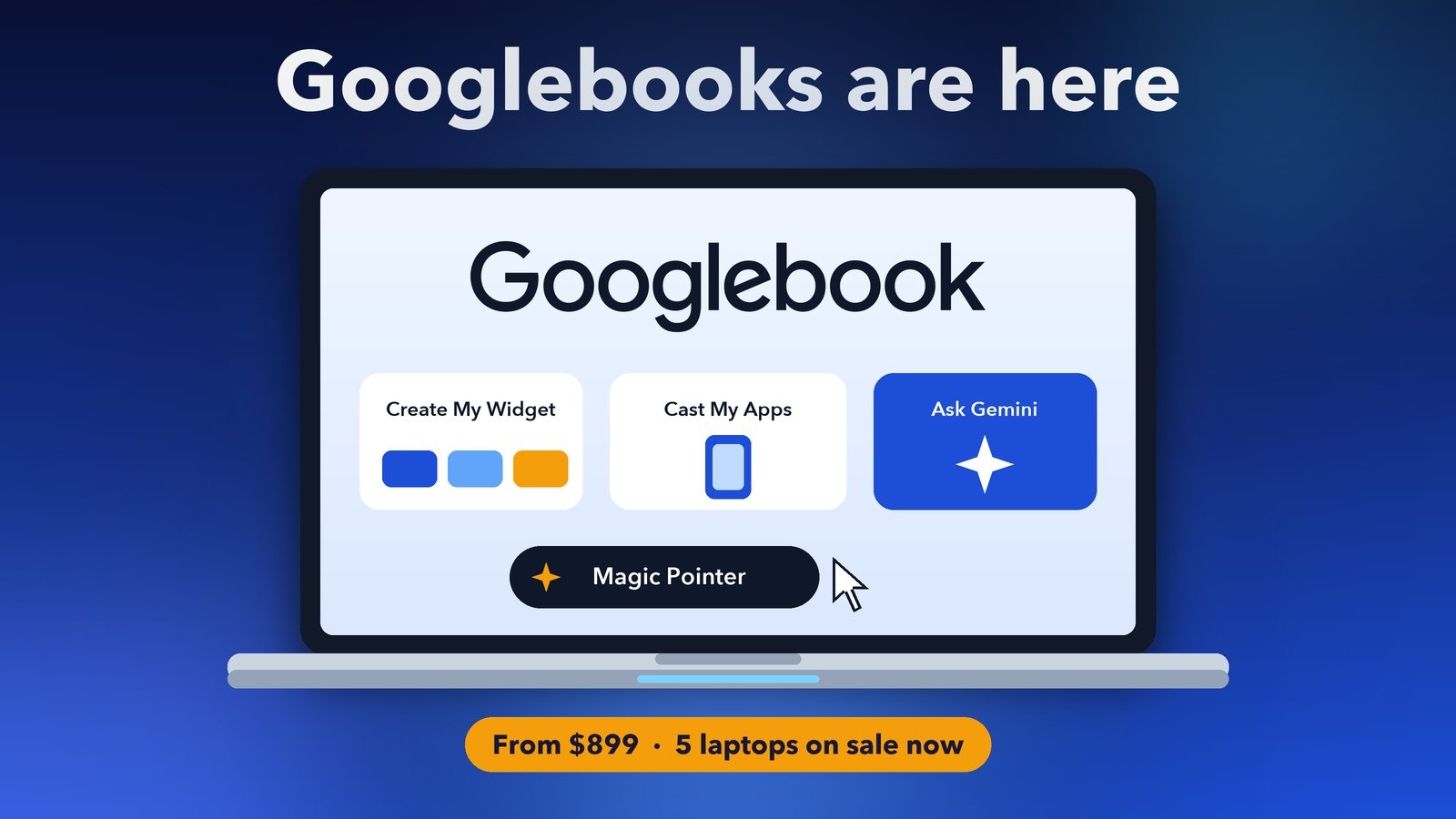 Googlebook Gemini features: Magic Pointer, Create My Widget, Cast My Apps and Ask Gemini on the Googlebook OS desktop