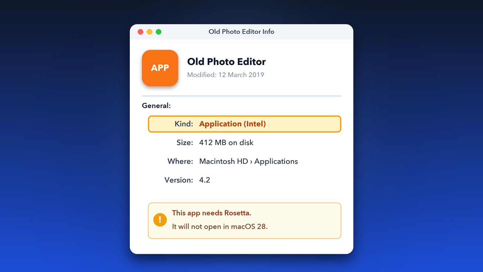 Finder Get Info window showing Kind Application (Intel) for an app that needs Rosetta on macOS 27
