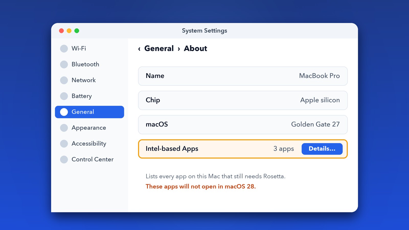macOS 27 System Settings General About page with the Intel-based Apps Details button highlighted