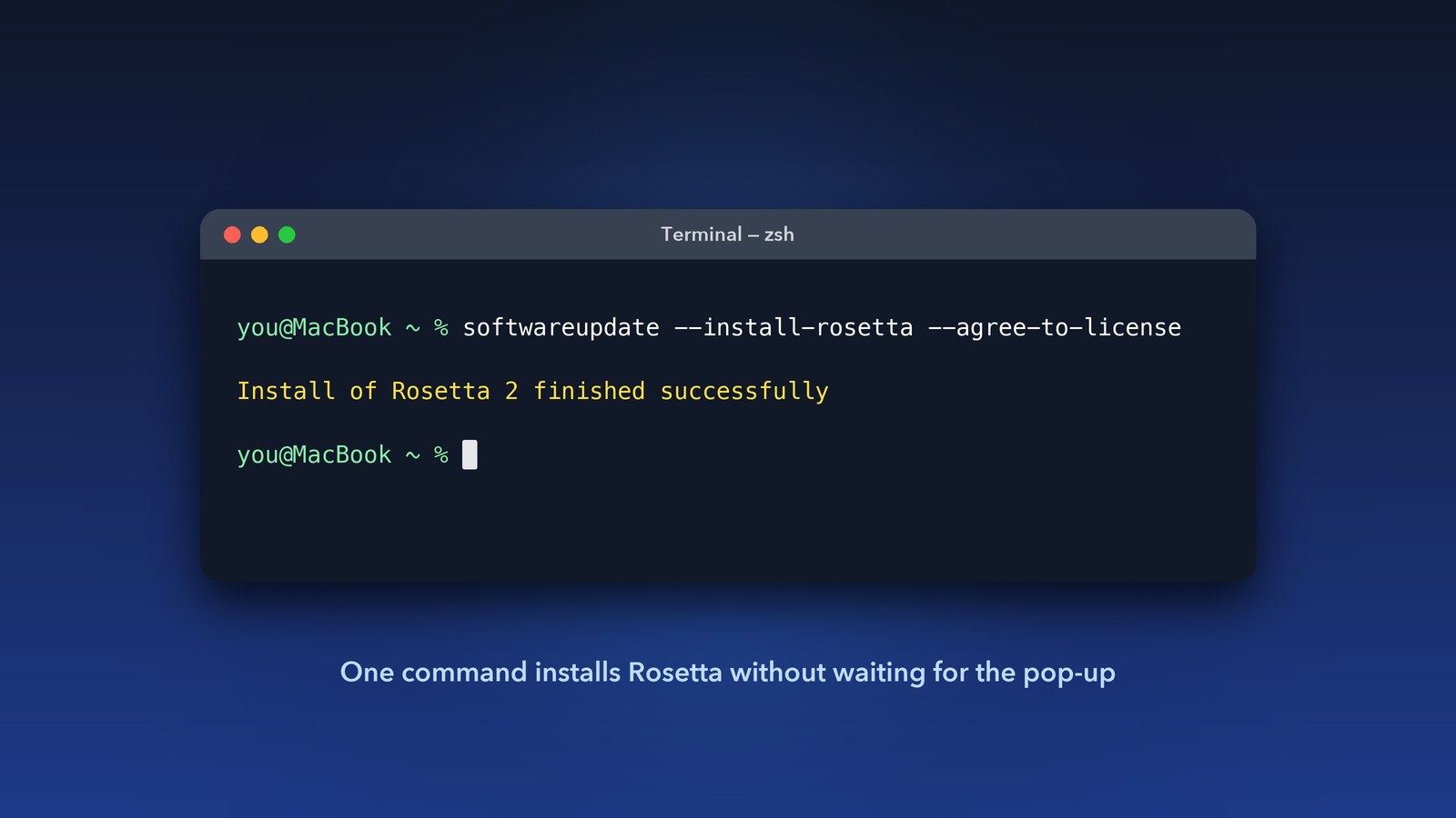 Terminal window on macOS 27 running softwareupdate --install-rosetta to fix Intel apps not opening