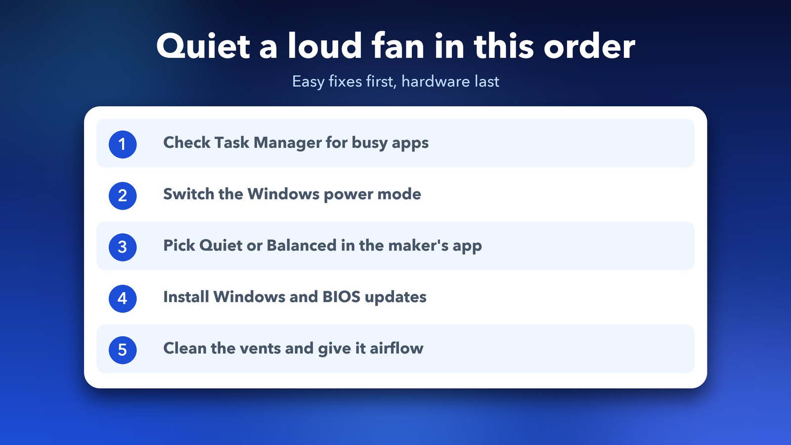 Five steps to fix a loud laptop fan on Windows 11, from Task Manager to cleaning the vents