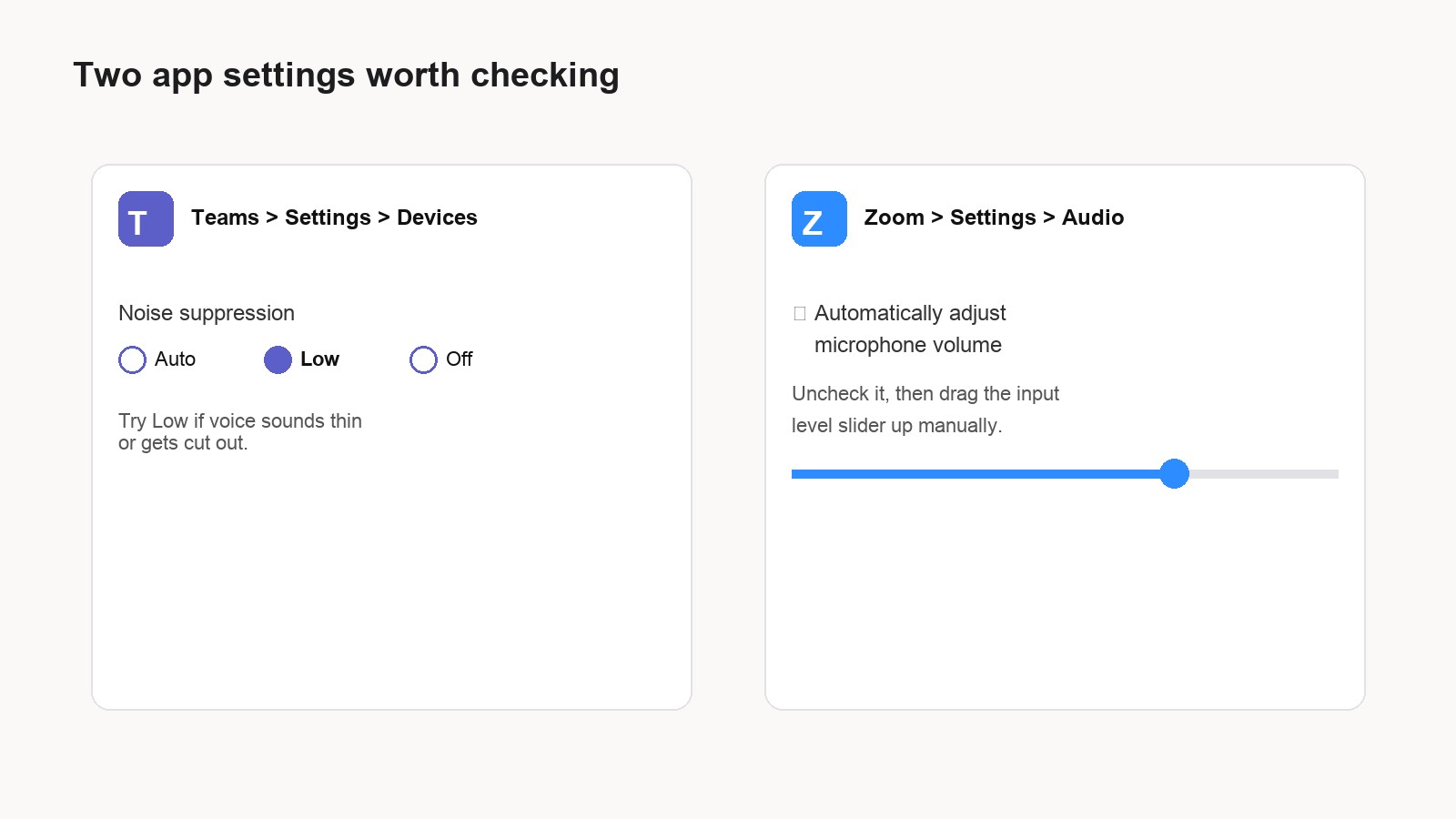 Teams noise suppression setting and Zoom automatic microphone volume checkbox side by side