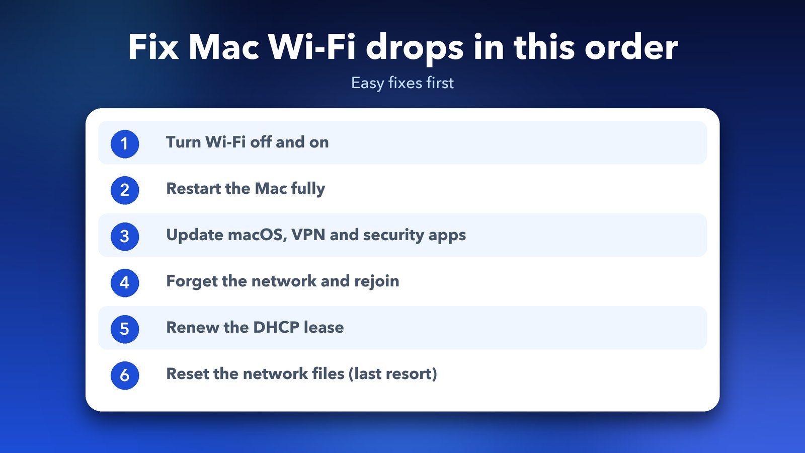 Mac Wi-Fi dropping on macOS 27: fix order from turning Wi-Fi off and on to forgetting the network and resetting network files