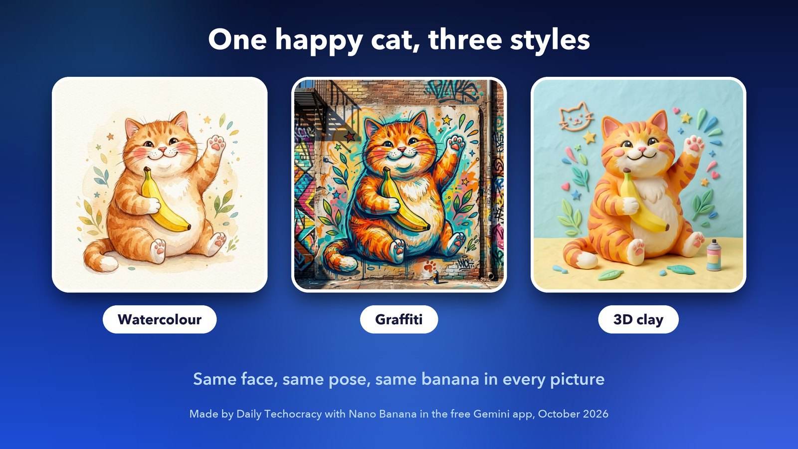 Nano Banana images of the same happy chubby ginger cat in watercolour, graffiti and 3D clay styles, showing character consistency