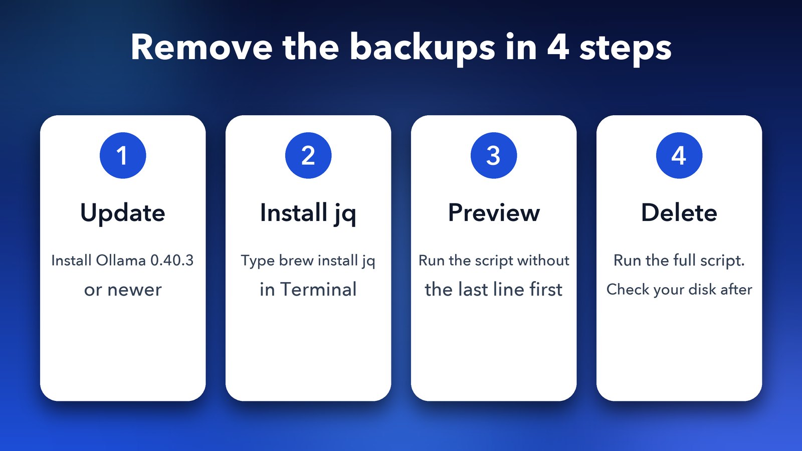 Four steps to remove Ollama model backups: update to 0.40.3, install jq, preview the script, then delete