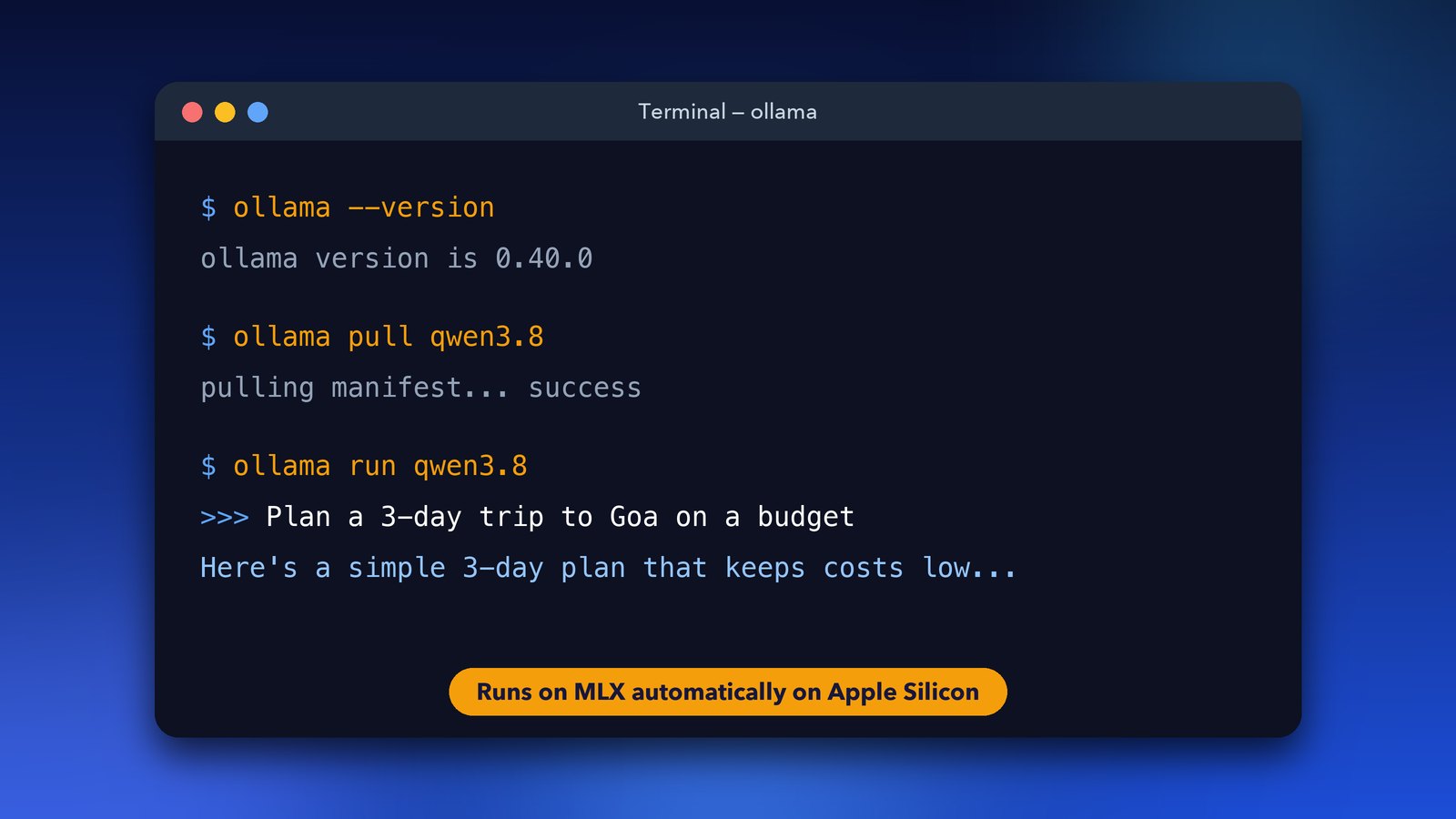 Terminal on a Mac running ollama pull qwen3.8 and ollama run qwen3.8 with Ollama 0.40 and MLX
