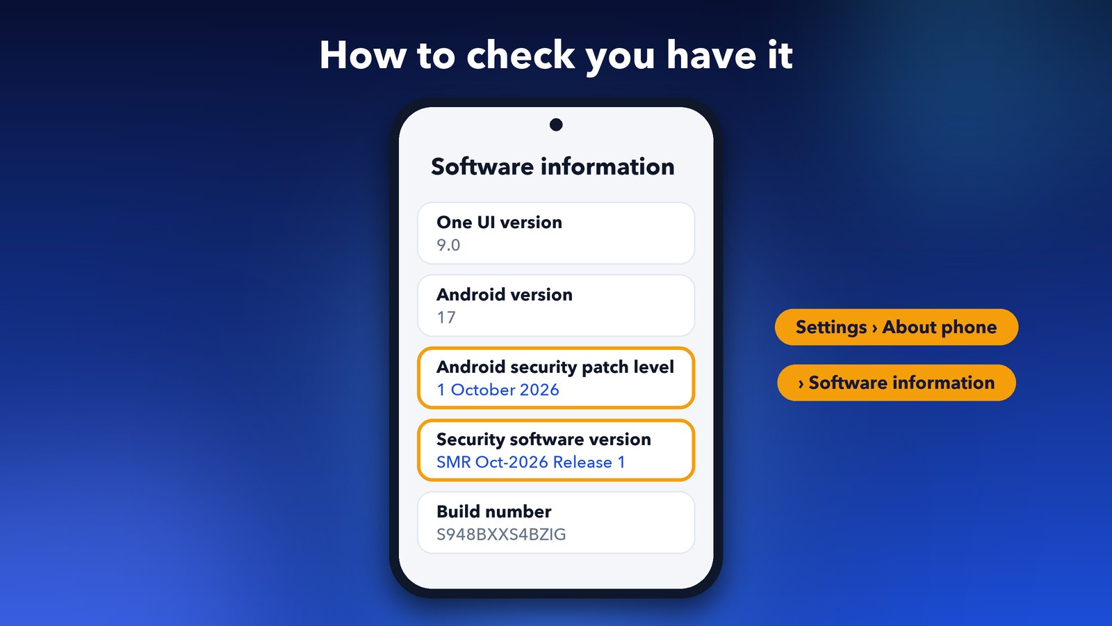 How to check the Samsung security patch level in Settings, About phone, Software information, showing SMR Oct-2026 Release 1