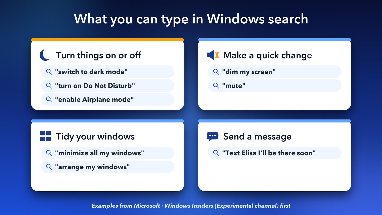 Windows 11 search quick actions examples: dark mode, Do Not Disturb, dim my screen, mute, arrange windows and send a text
